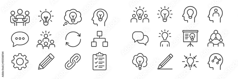 Aufkleber graphic icons representing ideas, collaboration, and brainstorming in a modern workspace setting