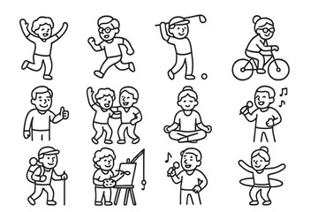 Naklejka premium Engaging activities for a healthy lifestyle featuring diverse characters in various forms of exercise and hobbies