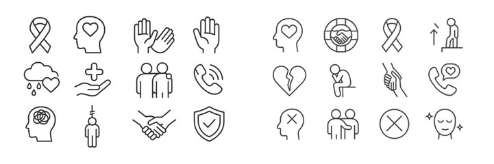 Collection of mental health and support icons illustrating various aspects of emotional well-being and human connection