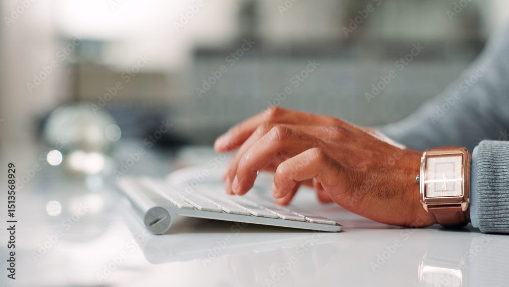 Poster hands, keyboard and typing with business person at desk in office for administration or report. comp