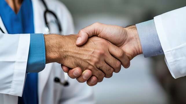 Doctors handshake collaboration, teamwork, and healthcare partnership.