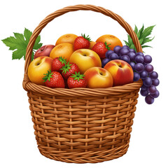 Wicker basket overflowing with colorful fruit, including grapes, apples, oranges, and strawberries