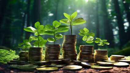 Gold coins stacked with growing plants symbolizing financial growth investment success and sustainability in a natural green forest setting