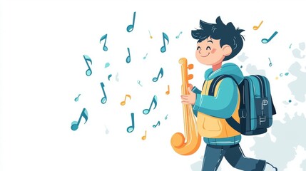 Happy boy carrying musical instrument, walking with backpack, music notes surrounding him.
