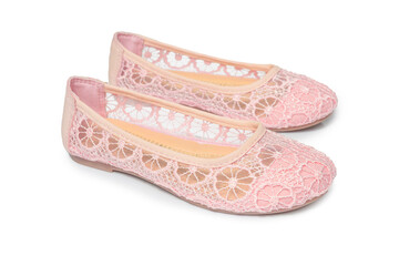 Isolated image of pink lace ballerina flats for a young girl on a white background. Perfect for children’s fashion, e-commerce, or product displays.