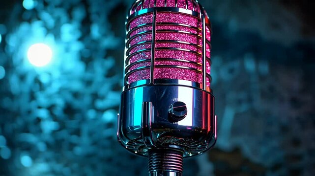 a striking  pink microphone stands out against a blue backdrop. Its sleek design and bold color capture attention, setting the stage for a dynamic performance.