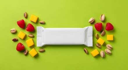 Blank Nutrition Bar Package Mockup: A sleek, untouched white packaging mockup for a nutrition bar, artfully surrounded by fresh strawberries, diced mango, and pistachios.