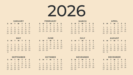 
Vector classic calendar for 2026. Week starts on Sunday. Desk or wall calendar in minimalist style