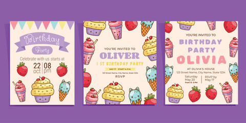 Set of kids birthday invitations with cute kawaii desserts. Vector illustration for kids party