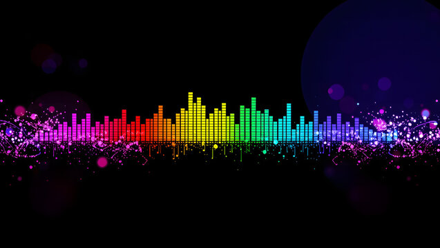 Colorful equalizer visualizer with vibrant spectrum bars and shimmering particle effects against a dark backdrop creating a modern artistic sound wave representation. - Powered by Adobe