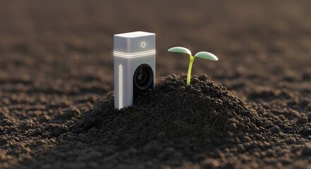Emerging Growth Technology: A new sapling sprouts beside a high-tech sensor, symbolizing innovation and technological growth in an ecological, minimalist setting.