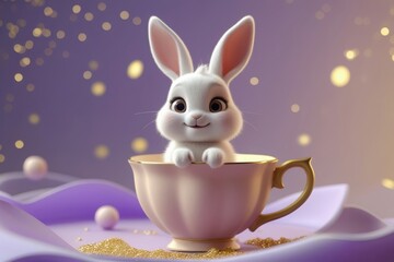 A close-up 3D illustration of a cute, fluffy white bunny sitting in a pastel pink teacup on a purple background with golden glitter and bokeh lights.