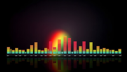Colorful equalizer visualization with reflection depicting sound waves and music spectrum on a dark background with vibrant color scheme