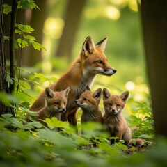  Fox and Playful Kits in Enchanted Forest