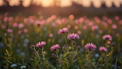 Pink wildflowers in a field at sunset, soft focus, bokeh effect.