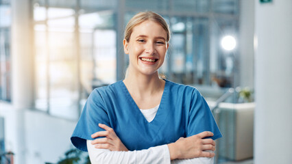 Arms crossed, medical and portrait of woman nurse in hospital for about us, service and confidence....