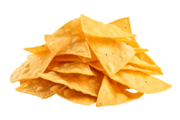 Crispy Tortilla Chips: Mexican Snack, Restaurant Food, Appetizer, Yellow Corn Chips, Triangular Shape, Close-up View isolated on transparent background png