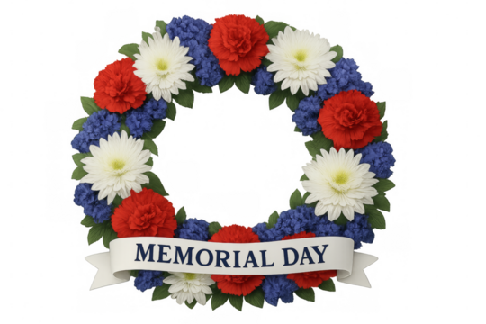 Memorial day wreath celebrating american heroes with red, white, and blue flowers on transparent background