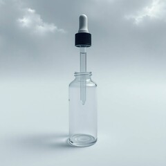 Clear glass dropper bottle, simple and elegant design, against a light gray background with soft clouds