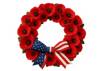 Red poppy wreath with a patriotic ribbon celebrating memorial day on transparent background