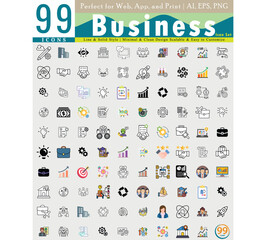 99 Business Icons,  Line & Solid Style  Vector Set for Web, App, and Print