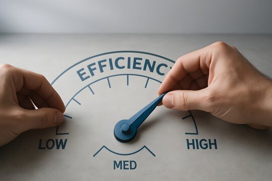 Hands adjusting an efficiency dial from the medium level towards a high level