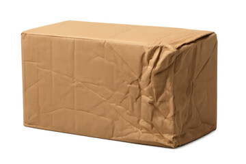 Crumpled cardboard box on transparent background representing shipping problems