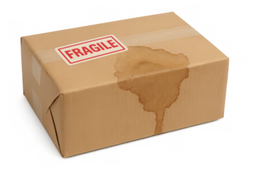 Fragile cardboard box with liquid stain on transparent background