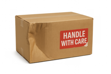 Damaged cardboard box with handle with care label on transparent background