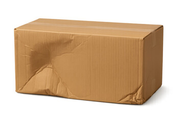 Damaged cardboard box on transparent background representing shipping problems