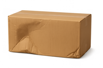 Damaged cardboard box on transparent background representing shipping problems