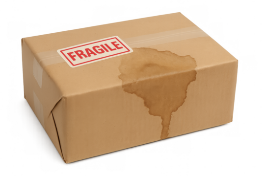 Fragile cardboard box with liquid stain on transparent background