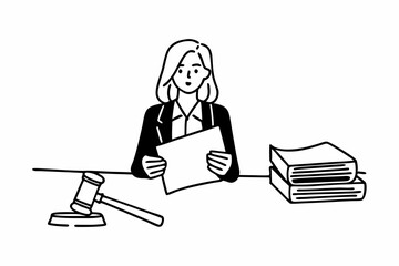 lawyer woman in suit holding envelope of business contract while sitting to working about legal and justice with judge hammer and paperwork on the desk in courtroom