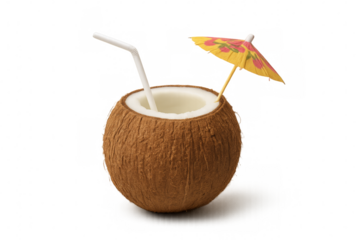 Fresh coconut water served in coconut shell with straw and cocktail umbrella on transparent background