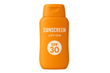 Orange sunscreen lotion bottle with spf 30 protection on transparent background