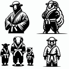 Sheep wear yudo suits. Japan Martial Arts Judo Aikido Dojo Budo Clipart Line Art Vector Illustration. Woolly herd donning formal attire protection garment.