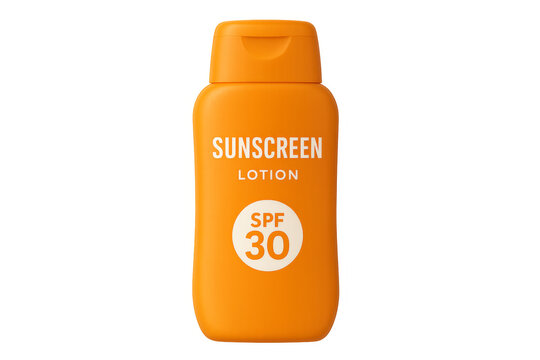 Orange sunscreen lotion bottle with spf 30 protection on transparent background