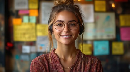 Confident sales rep with headset, gesturing, charts and whiteboards in background.