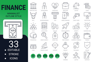 Finance and business icon set – editable thin stroke line vector collection