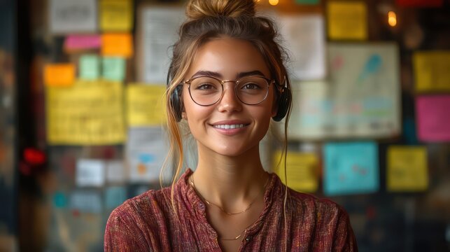 Confident sales rep with headset, gesturing, charts and whiteboards in background.