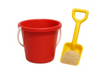 Red bucket and yellow shovel holding sand on transparent background