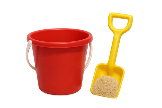 Red bucket and yellow shovel holding sand on transparent background - Powered by Adobe