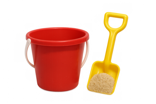 Red bucket and yellow shovel holding sand on transparent background - Powered by Adobe