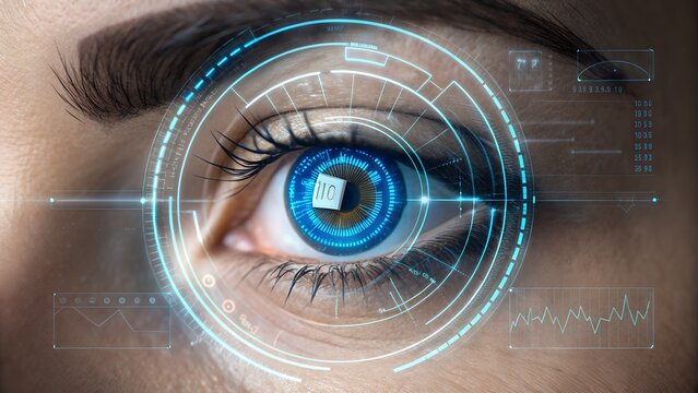 Eye Biometric Scan: A close-up shot showcases an eye undergoing a biometric scan, with intricate digital patterns overlaid on the iris, hinting at advanced security and identity verification. - Powered by Adobe