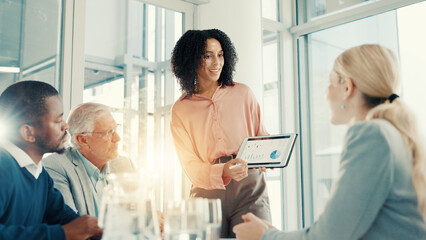 Presentation, business woman and tablet screen with data, investment stats and planning. Meeting,...