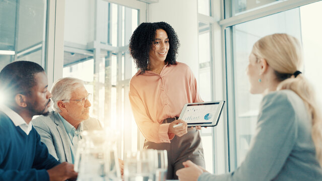 Presentation, business woman and tablet screen with data, investment stats and planning. Meeting, happy analyst and brainstorming with technology for financial charts or team discussion in office