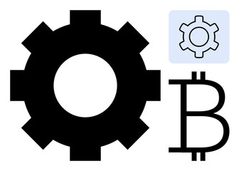 Obraz premium Large black gear, smaller gear in a blue box, and Bitcoin symbol emphasize cryptocurrency, automation, blockchain, fintech. Ideal for technology, finance, innovation digital transformation