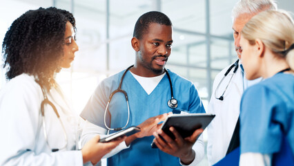 Feedback, medical or tablet with doctors and nurses in hospital together for discussion or report....