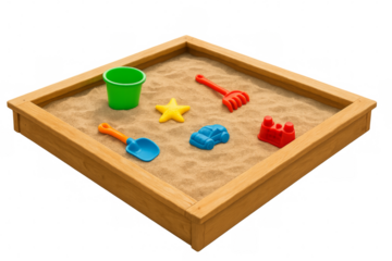 Wooden sandbox filled with sand and colorful toys on transparent background