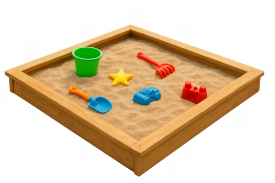 Wooden sandbox filled with sand and colorful toys on transparent background